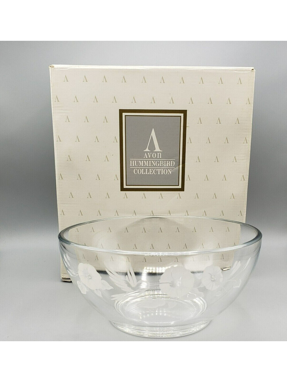 VTG Avon Hummingbird Serving Bowl Lead Crystal In Box 8" Morning Glory Etched
